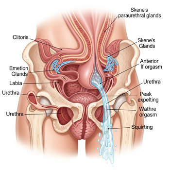 Anatomia da p&eacute;lvis feminina mostrando as gl&acirc;ndulas de Skene (gl&acirc;ndulas parauretrais) e a expuls&atilde;o de l&iacute;quido durante um orgasmo com "squirt". A ilustra&ccedil;&atilde;o apresenta uma sec&ccedil;&atilde;o transversal da uretra e dos tecidos circundantes, destacando a localiza&ccedil;&atilde;o das gl&acirc;ndulas de Skene perto da parede vaginal anterior. Uma grande quantidade de fluido aquoso &eacute; mostrada a ser expelida da uretra no cl&iacute;max do orgasmo. O diagrama tem um estilo cient&iacute;fico com r&oacute;tulos para as estruturas-chave, incluindo o clit&oacute;ris, os l&aacute;bios, a uretra, a bexiga, o &uacute;tero e as gl&acirc;ndulas de Skene.