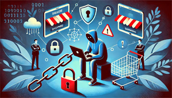 A ilustração em azul e vermelho representa o contraste entre a conveniência das compras online e os perigos das fraudes virtuais.