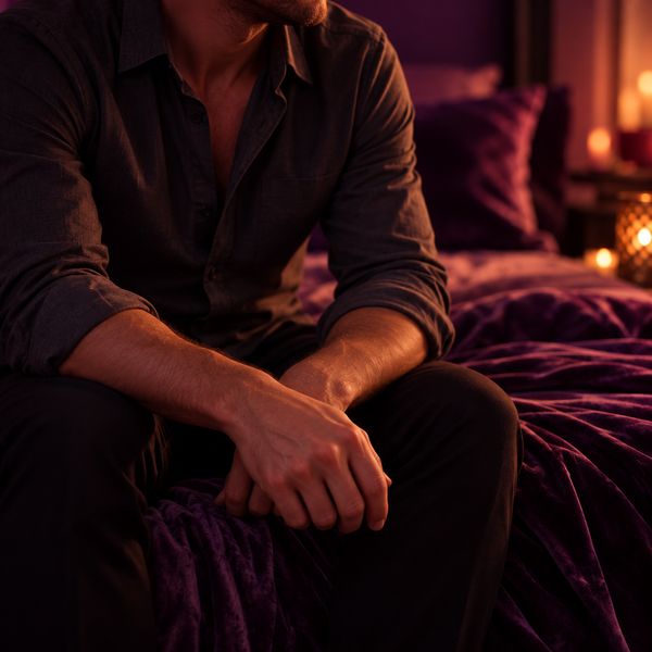 Homem de camisa escura sentado na cama com len&ccedil;&oacute;is de veludo roxo