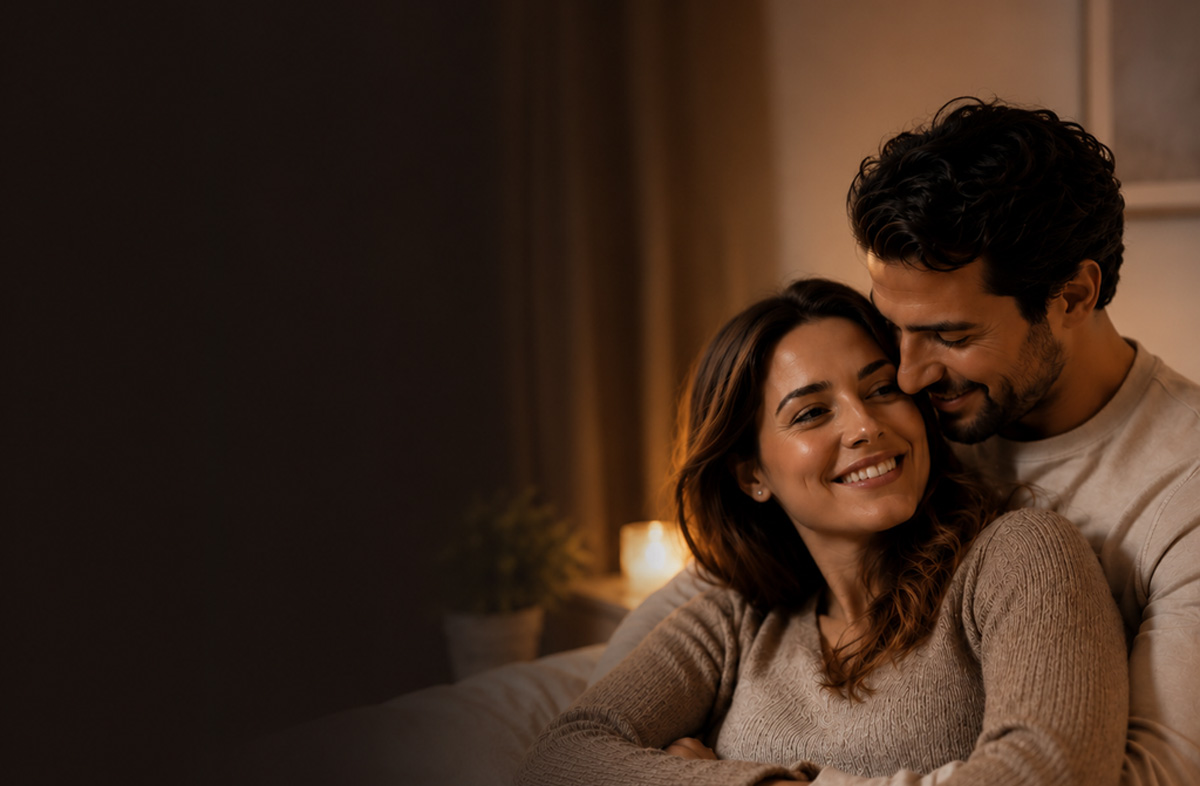 Casal abraçado e sorridente no sofá, à luz de uma vela